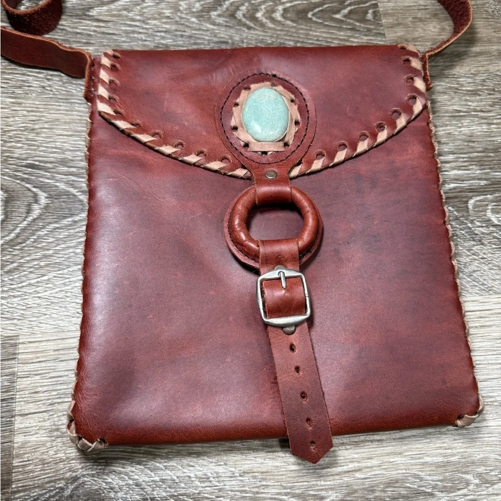 Handmade Messenger Bag‎ Genuine Leather with Jade Stone Artisan w/Adjust. Straps